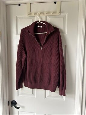 TNA Half-Zip Waffle-Knit Sweater — Deep Wine